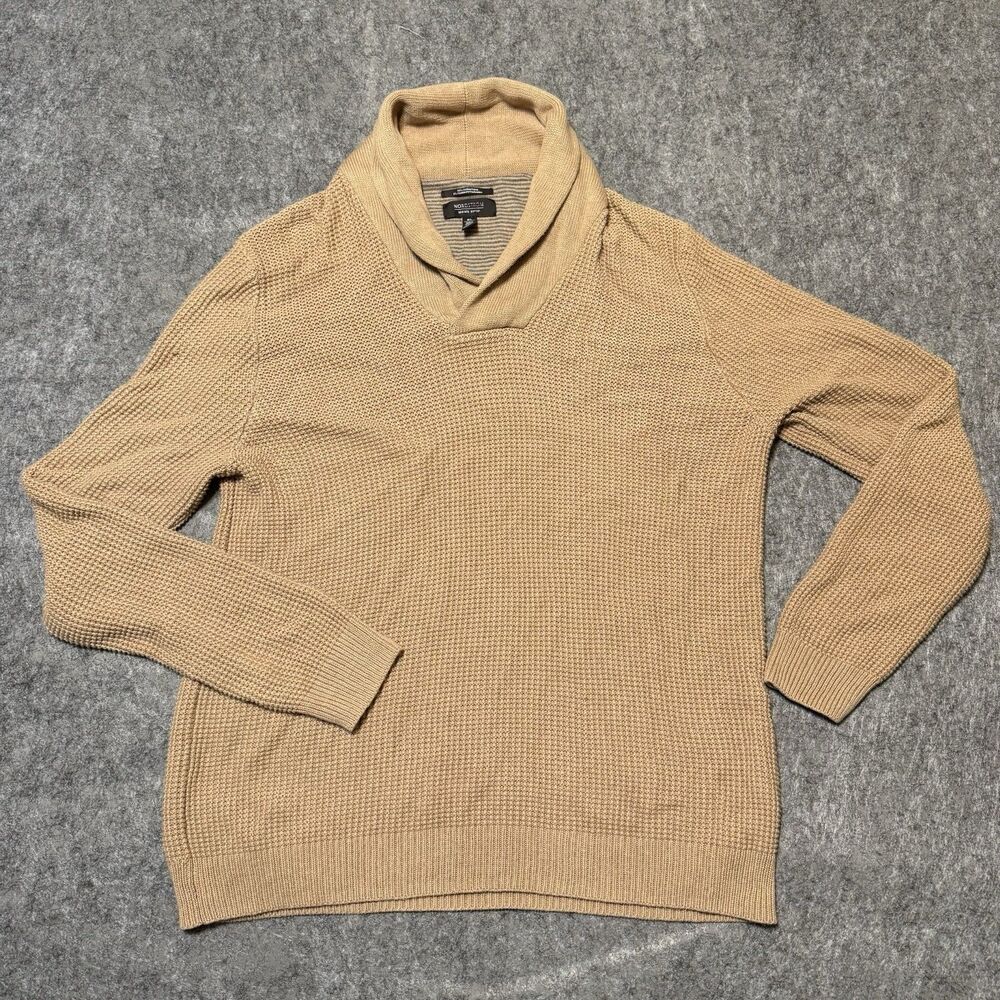Nordstrom Sweater Mens XL Beige Tan Waffle Knit Cotton Cashmere Shawl Neck